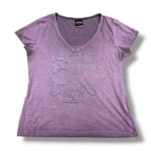 Harley Davidson Bravado T-Shirt Women's Large Purple Stone Wash Studded Skull